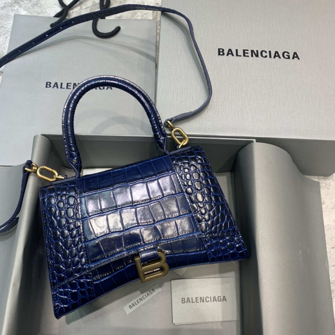 Balenciaga Hourglass Small Handbag Crocodile Embossed Shoulder Bag Dark Blue